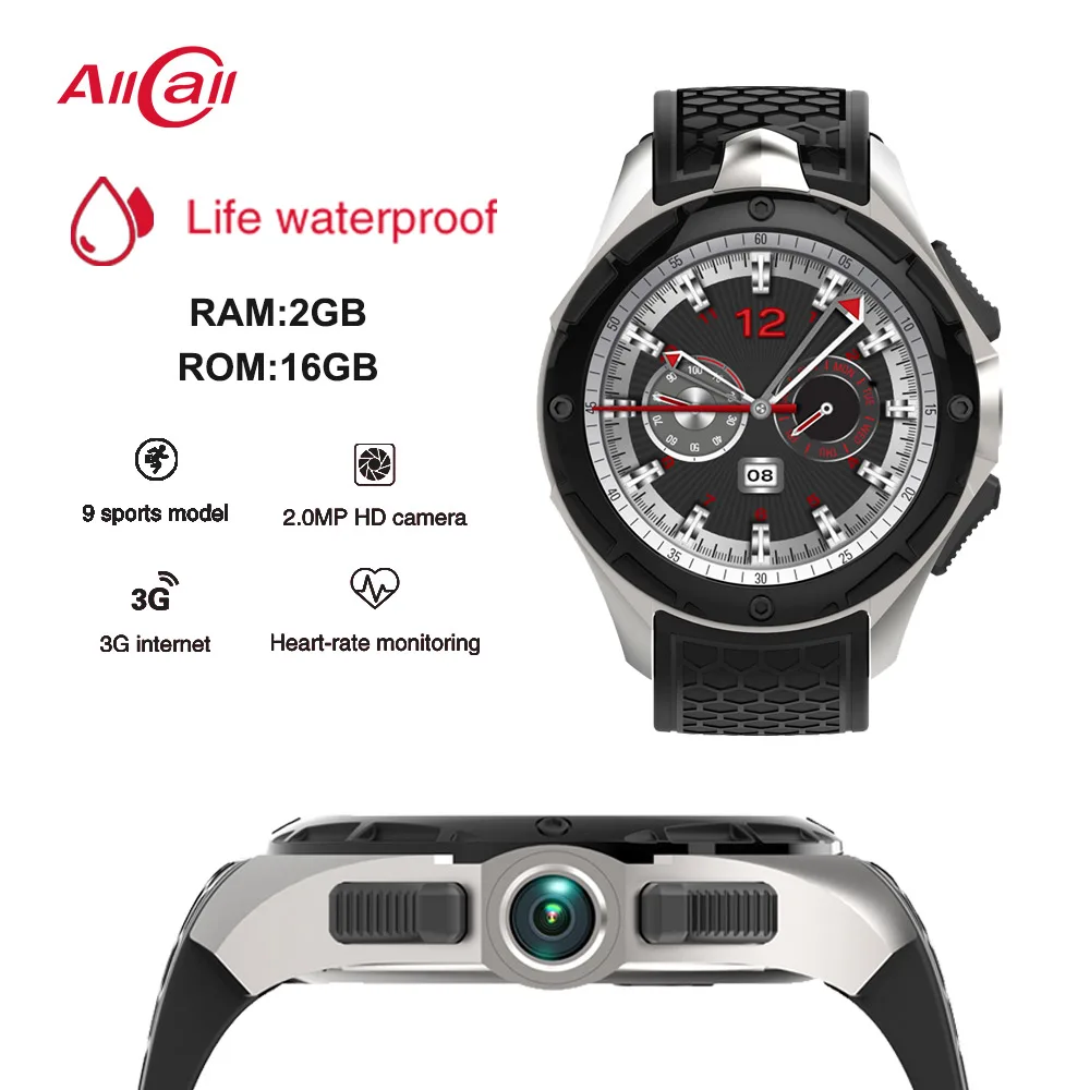

Allcall W2S 2GB RAM 16GB ROM MTK6580 Quad-core 2MP Camera Heart Rate Monitor WIFI BT4.0 GPS Life Waterproof 3G Smart Watch Phone