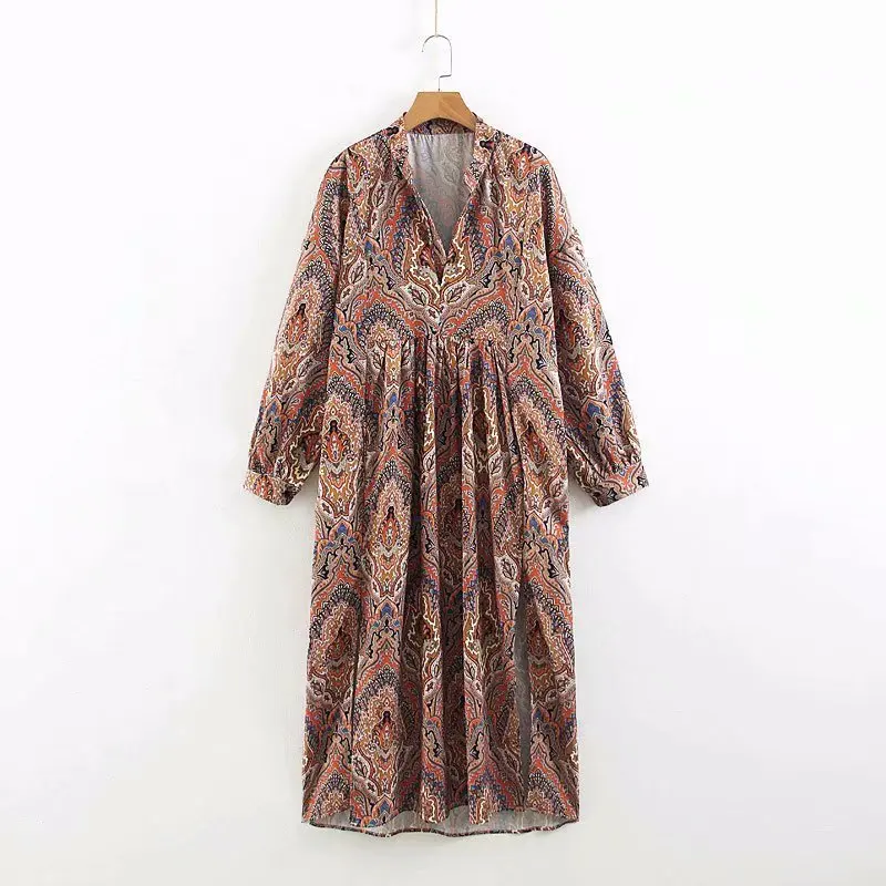 

QZ199 Women Retro Long Sleeve Totem Print Long Dress European Vintage Side Split Dresses Vestidos