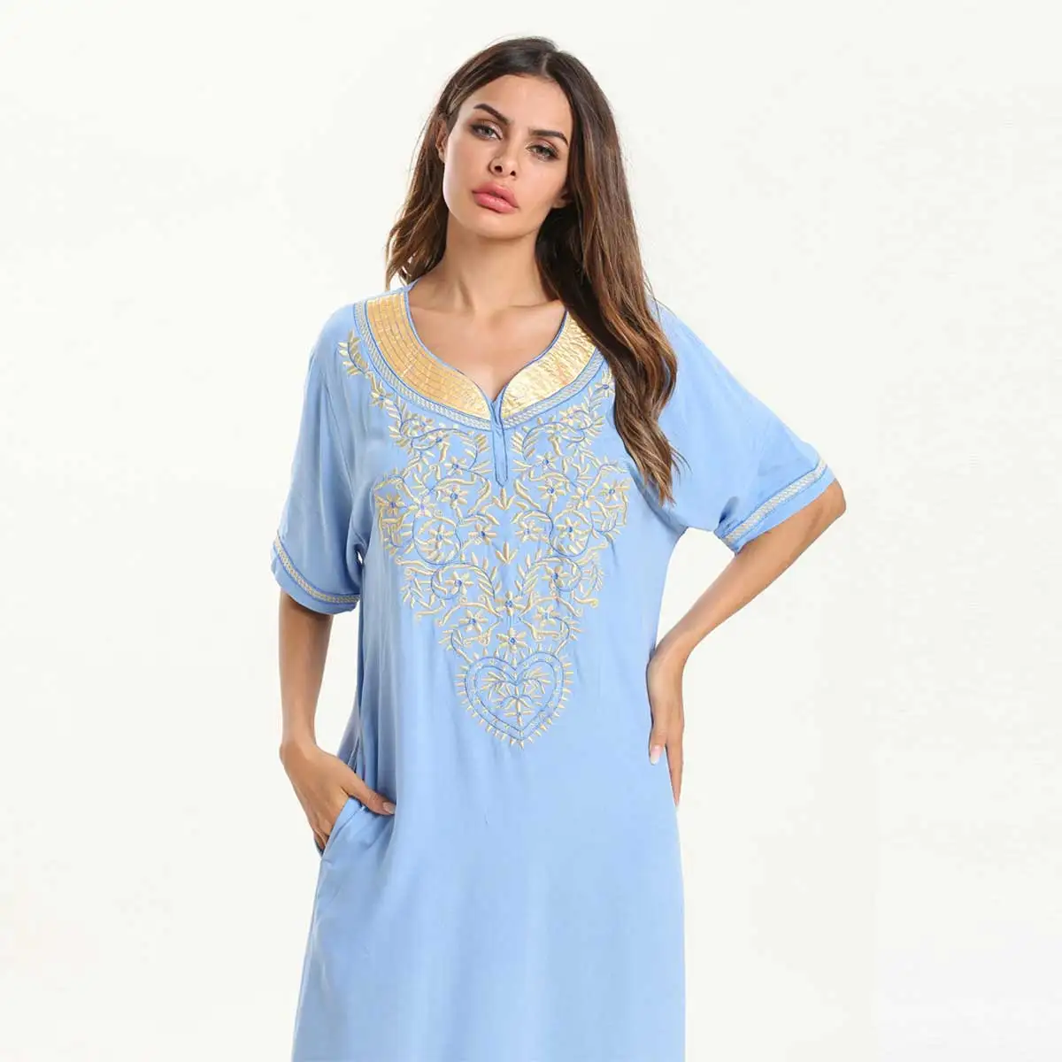 Женское летнее макси платье с коротким рукавом и вышивкой в этническом мусульманском стиле абайя Дубай, кафтан, исламский арабский Рамадан халат Мода VKDR1525