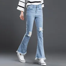 Женские Весенние большие размеры средней длины расклешенные джинсы женские осенние джинсы с дырками d узкие джинсы женские хлопковые джинсы