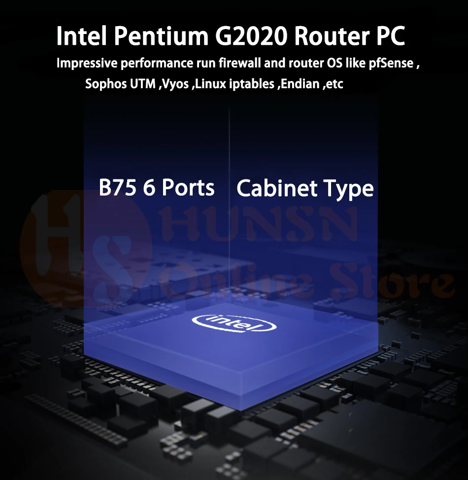 Брандмауэр Mikrotik Pfsense сети VPN Security Appliance маршрутизатора ПК Intel Pentium G2020, [HUNSN RS09], (6LAN/2USB/1COM/1VGA)