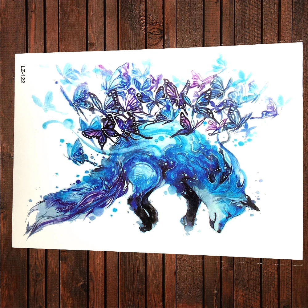 097 24 De Réductionfly Renard Bleu Avec Papillon Aquarelle Temporaire Autocollants De Tatouage Pour Les Femmes Body Art Dos Jambes Imperméable