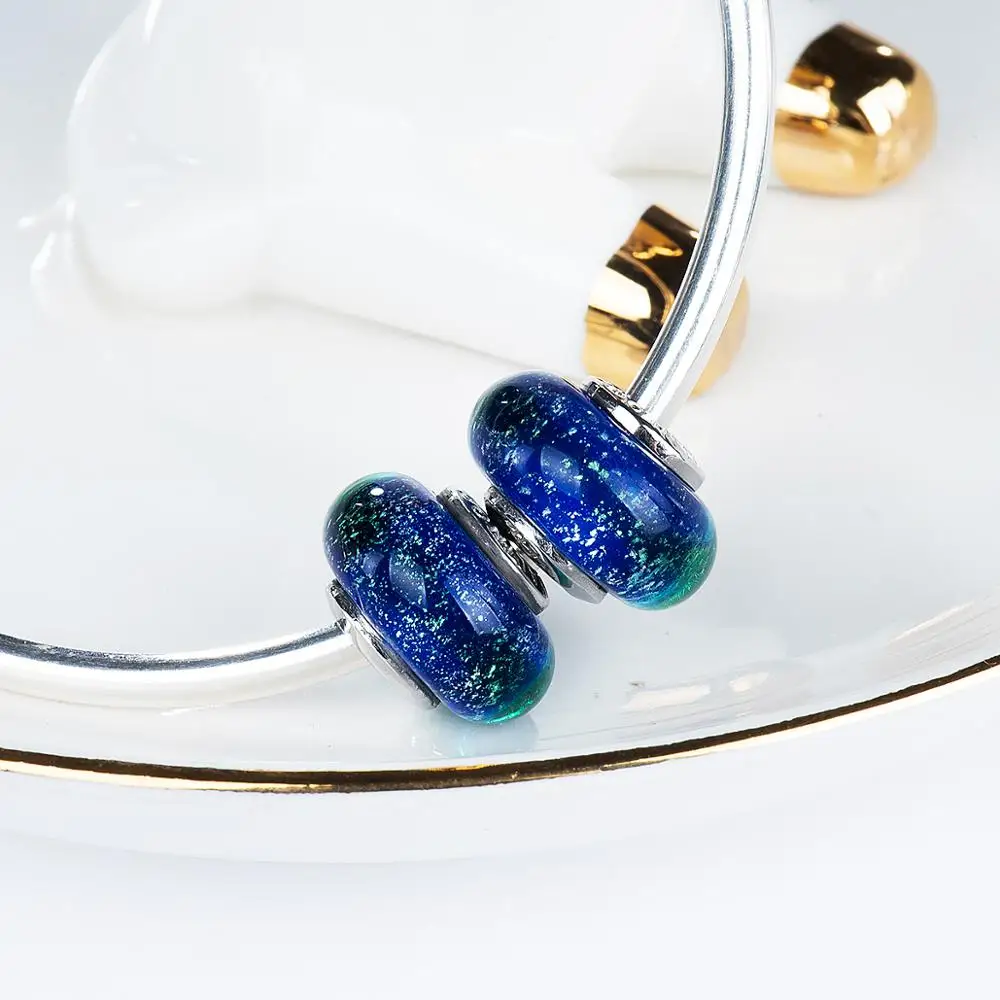 Темно-синие галактические муранские стеклянные бусы, амулеты 925 пробы серебряные подходящие браслеты ювелирные изделия Модные VDLL036