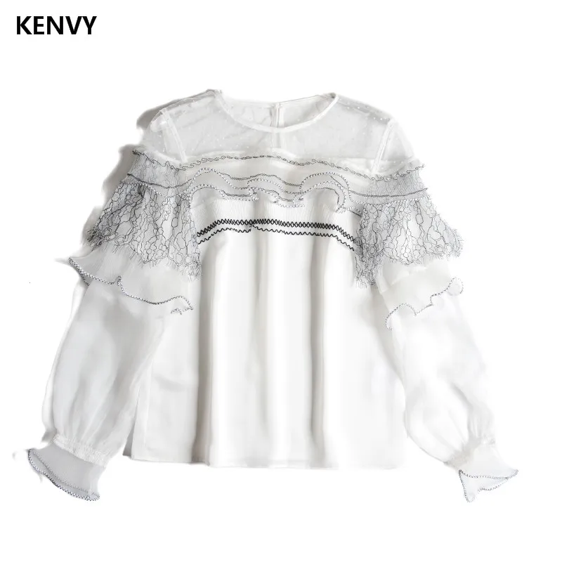 

KENVY Brand High-end Luxury Women Fashion Splicing Lantern leeve Loose Lace Shirt Top