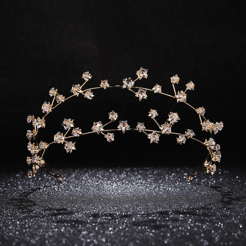 

Gold Rhinestone Star Bridal Hairbands Wedding Hair Accessories Handmade Crystal Baroque Crown Diadem Veil Tiaras Women Headpiece