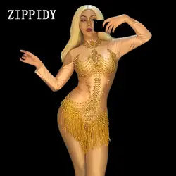 Золото бусины кисточкой танцевальный костюм пикантные облегающий Костюм Стретч певица шоу на сцене одежда для женщин День Рождения