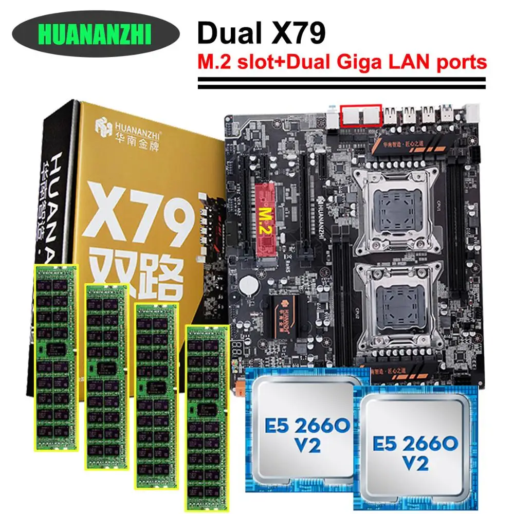 Материнская плата HUANANZHI X79 4D с M.2 слотом двойным процессором Intel Xeon E5 2660 V2 RAM 32 Гб (4*8