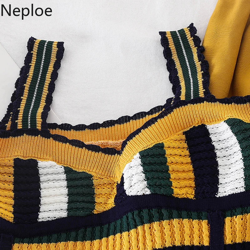 Neploe, Модный комплект из двух предметов, женская одежда, сексуальный Вязаный топ в полоску и юбка, повседневный желтый комплект из двух предметов, 90075