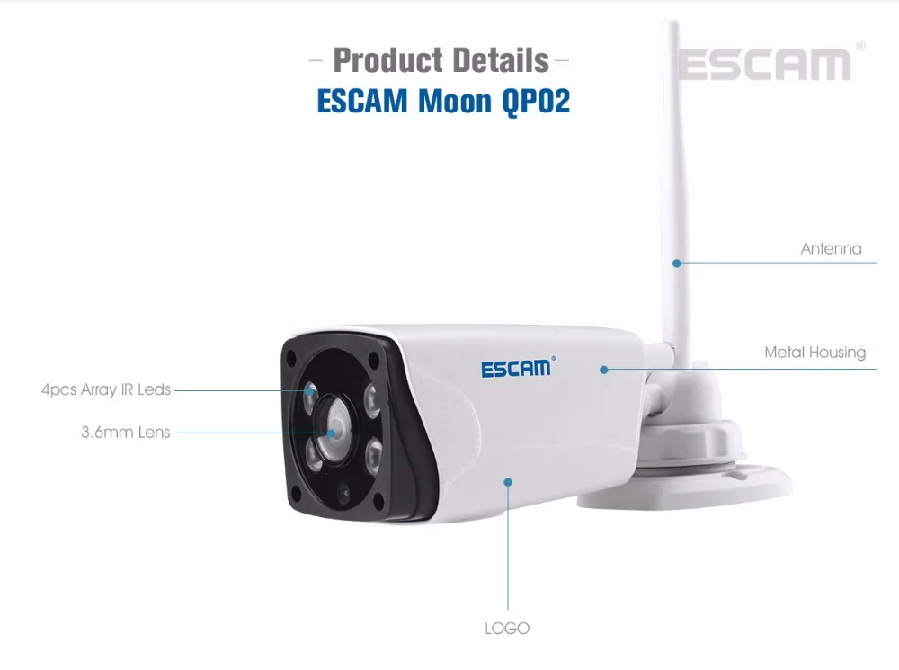 Escam Moon QP02 2MP HD 1080P WIFI Alarm Camera Outdoor Bullet IR-Cut 180 degree Security ip Camera Support Max 64G TF card (16)