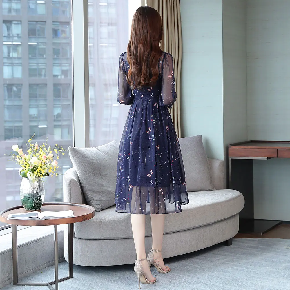 Borisovich женское шифоновое длинное платье Новинка осеннее модное корейское стильное винтажное женское элегантное вечернее платье с принтом N1532