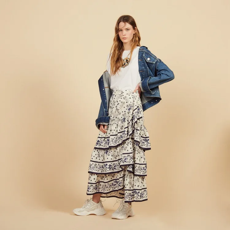 

Women Skirt 2019 Summer Ruffled Print High Waist Stacked Asymmetrical Skirt