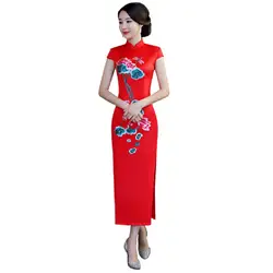 Шанхай история красный китайский традиционный костюмы для женщин цветок Вышивка Длинные платье-Чонсам с коротким рукавом Цветочный Qipao