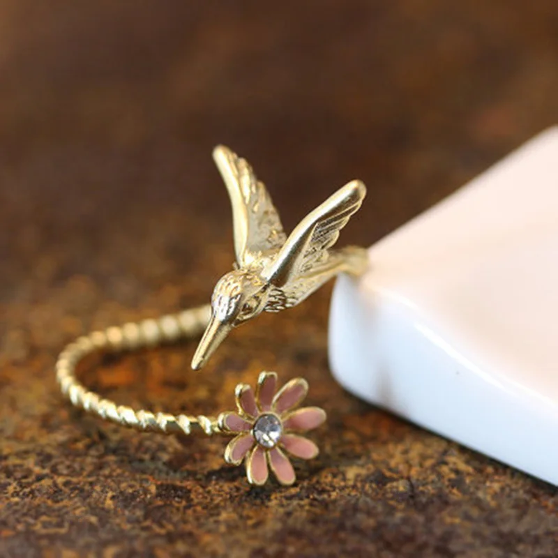 Уникальное ретро кольцо с цветком Колибри, золото и античное серебро, модные кольца