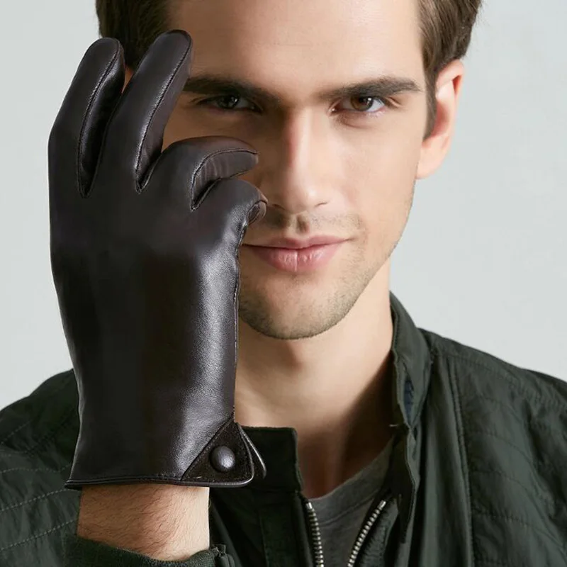 للرجال موضة جلد طبيعي قفازات رقيقة/سميكة قطيفة شتاء دافئ جلد الغنم إصبع كامل شاشة تعمل باللمس قفازات القيادة قفازات L75