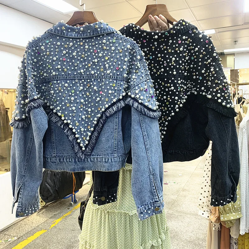 

2019 autumn new Korean version of heavy industry beaded diamond loose loose short denim jacket