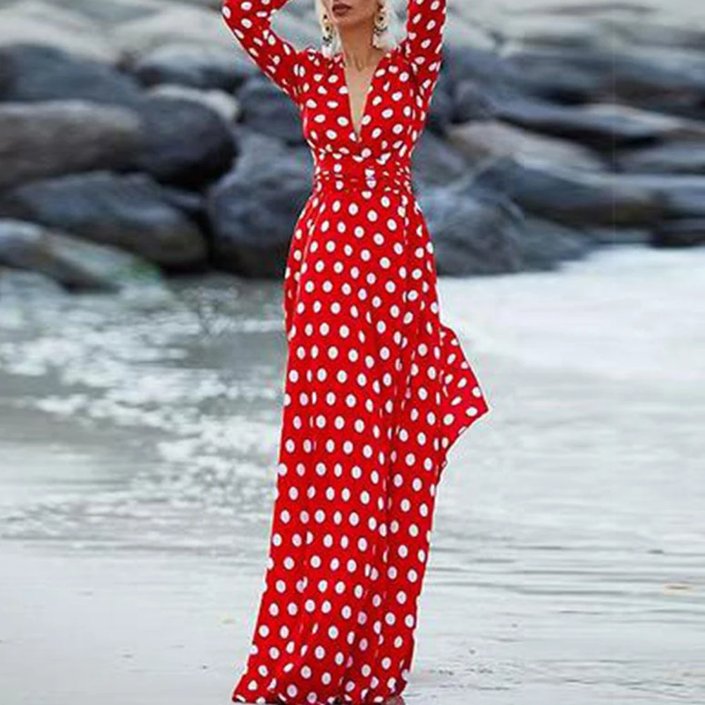 

Pleated Skinny Big Swing Beach Extra Long Dress Brown Red Bohemian Polka Dot Split Deep V Sexy Maxi Dresses Women Spring Summer