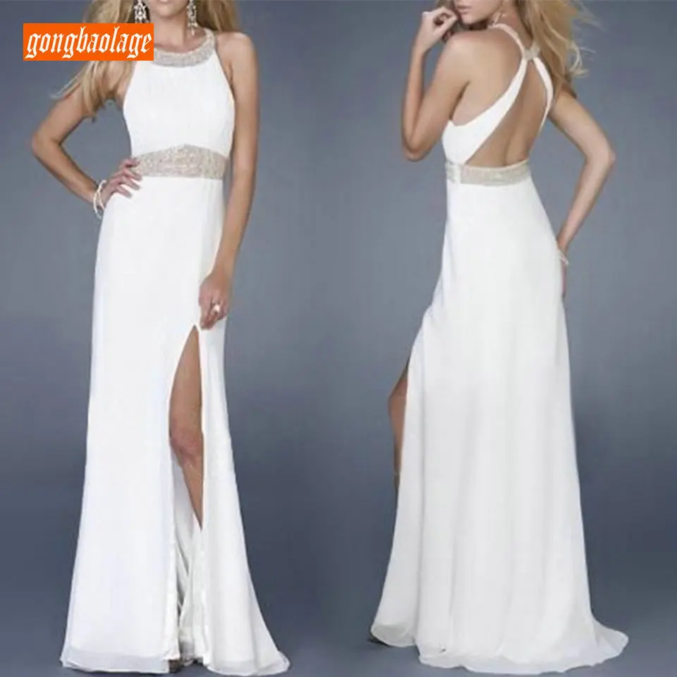 

fashionable Ivory Evening Dresses Long 2019 Cheap Evening Gown Women Party O-Neck Chiffon Backless Slim Fit Club Formal Dress