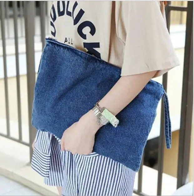 2022 new Casual Canvas denim jeans women's envelope zipper handbags High  quality Travel bags woman Clutch bag 100pcs