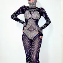 Сексуальный комбинезон для женщин, черные бусы со стразами, комбинезон, наряд, блестящий сексуальный головной убор, костюм для вечеринки, костюмы для тела, танцевальная одежда