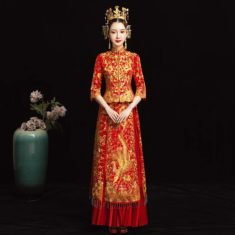 Невесты Cheongsam Винтаж китайский стиль свадебное платье ретро тост Костюмы Леди Вышивка Феникс брак Qipao красная одежда