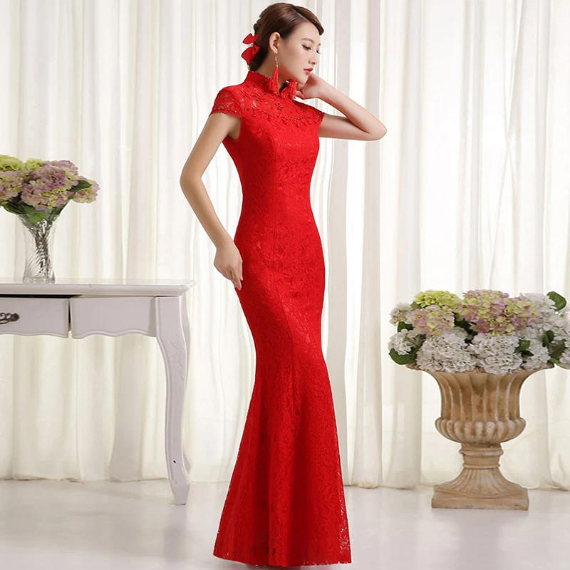 Rojo Encaje corto cheongsam chino tradicional vestido de las mujeres baile moderno qipao sexy robe Orientale vestido chines Qi PAO yyqo - 6
