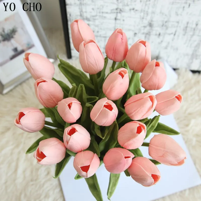 YO CHO 10 Heads Artificial Flowers High Quality PU Mini Tulip Flowers Bouquet For Desktop Balcony Wedding Office Decor Fake Leaf YO CHO 10 Heads Artificial Flowers High Quality PU Mini Tulip Flowers Bouquet For Desktop Balcony Wedding Office Decor Fake Leaf