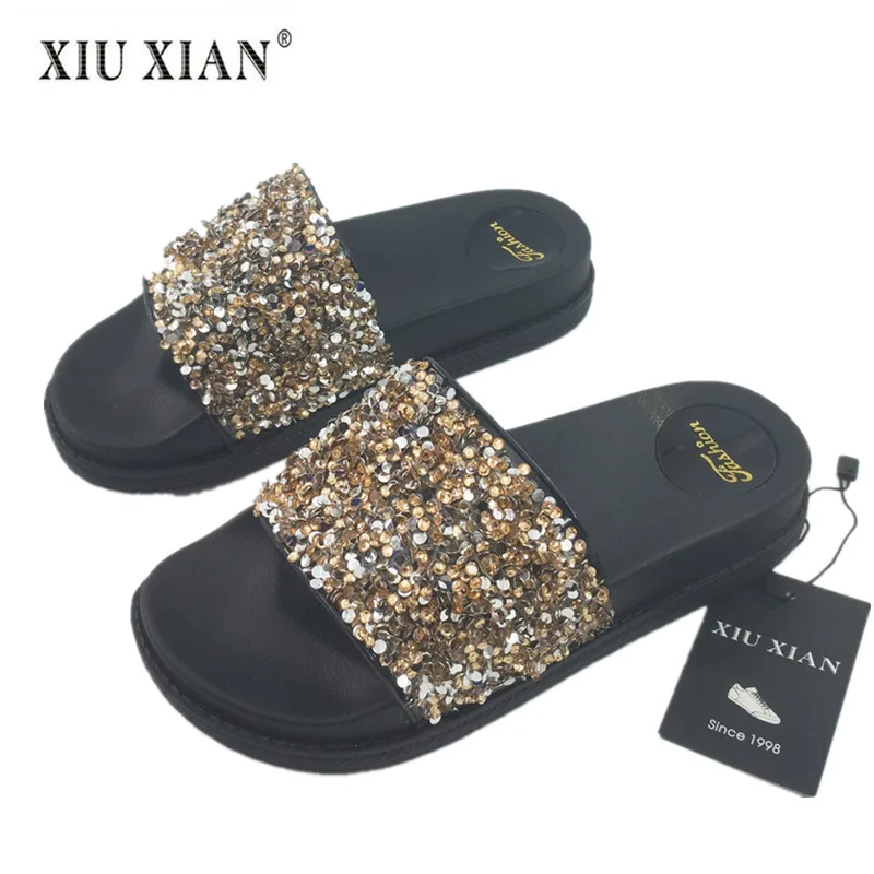 

2018 New Summer Sexy Sequined Platform Women Slippers Thick Sole Comfort Fashion Beach Sandals Waterproof Home Floor Casual Shoe