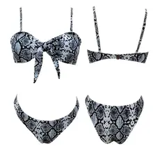 Womens Sexy Two Piece Bikini Set Push Up Tie Knot Front Spaghetti Straps Swimsuit Boho Geometric Snakeskin Digital Printing High rib knot front bikini set