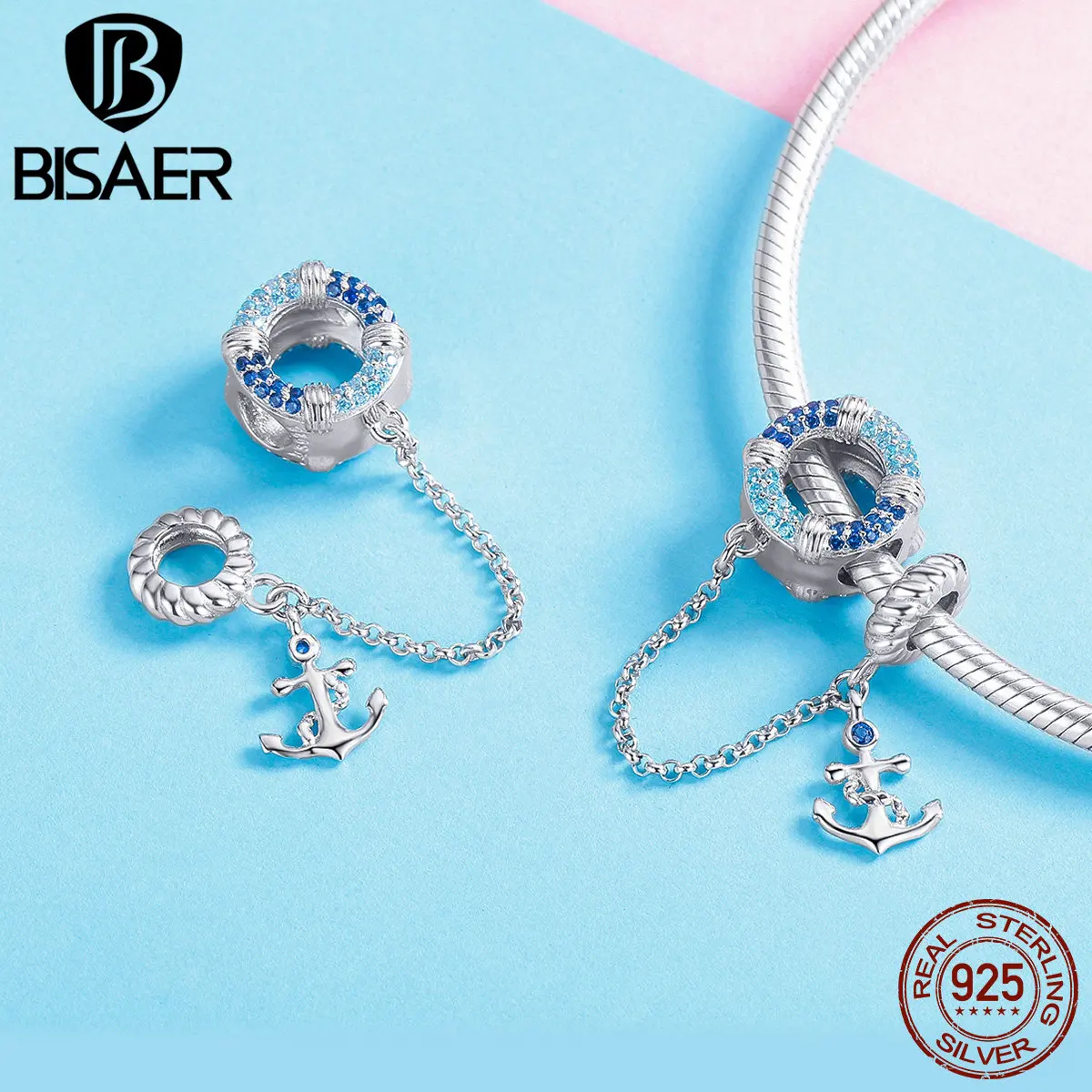 

BISAER 925 Sterling Silver Safety Chain Maritime Anchor Charm Beads Blue Zircon Fit Charm Bracelet DIY Fashion Jewelry GXC1149