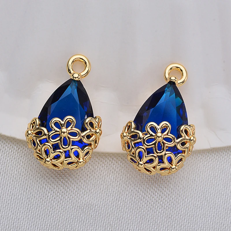 

4pcs 24k Gold Plated Flower Blue Green Waterdrop Zircon Pendant Charms for Earrings Necklace Jewelry Making Accessories