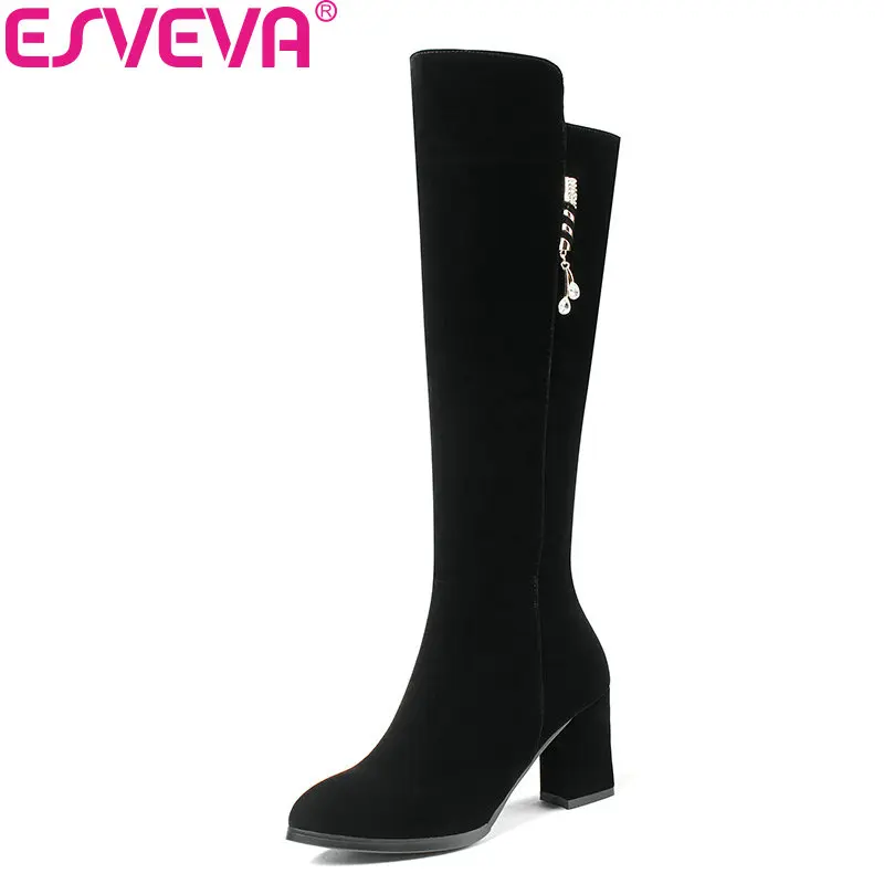

ESVEVA 2018 Women Boots Crystal Short Plush Ladies Shoes Pointed Toe Square High Heel Elegant Black Knee-high Boots Size 34-40