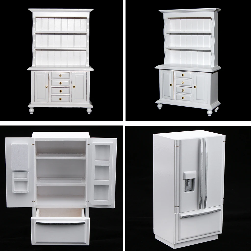 1/12 Dollhouse Miniature Wood Fridge & Cabinet Shelf Cabinet Model Kitchen Furniture Decoration White