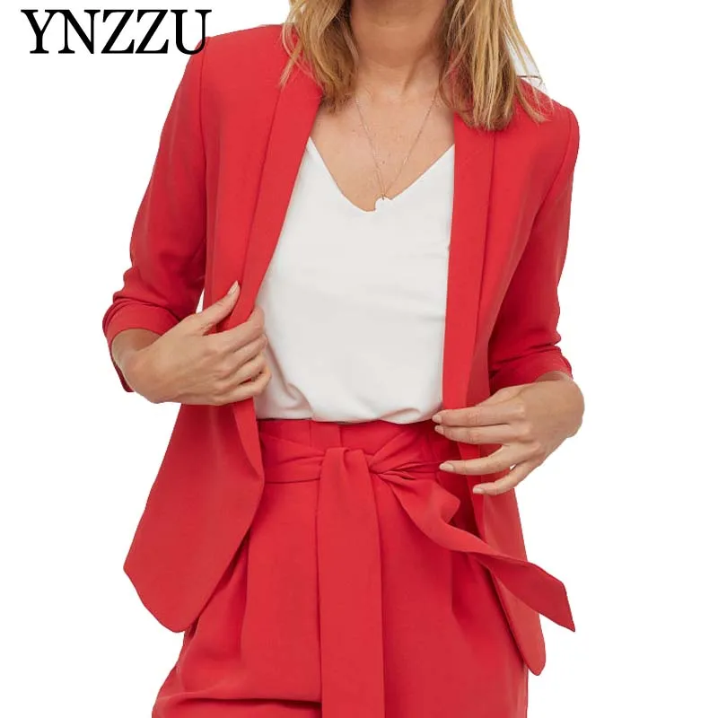 

YNZZU Spring Autumn red Seven-quarter sleeve female blazer Loose causal soild women suit Chic no button OL blazer jacket YO803