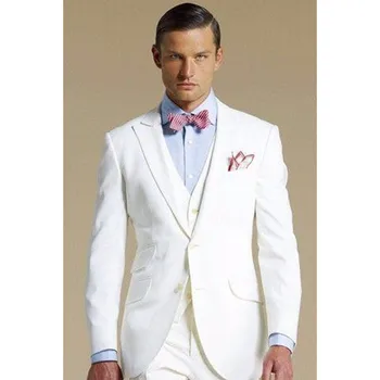 

115 White groom suits peaked Lapel Tuxedos Wedding suits for Men New groomsmen suits men three piece Suit (Jacket+Pants+vest)