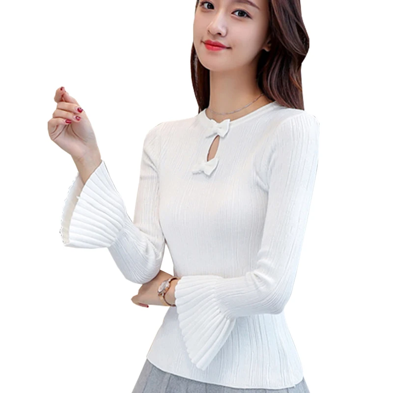 Pull Femme Cotton O-Neck Bow Flare Sleeve Full Women Tops 2018 Winter Korean Fashion Clothing Sweaters Womens Sweater Pullovers