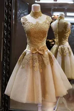 2016 heißer Verkauf Günstige High Neck Gold Spitze Cocktailkleid Dame mädchen Kleid Vestidos de Gala Kurzes Abend-abschlussball Mit Bogen gürtel