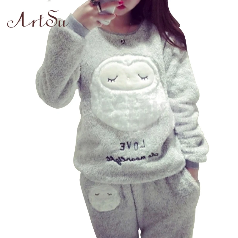 

ArtSu Winter New Thickened Cute Sleeping Owl Coral Fleece Pajamas Home Furnishing Suit Coral Velvet Home Wear Leisure Wear 9123