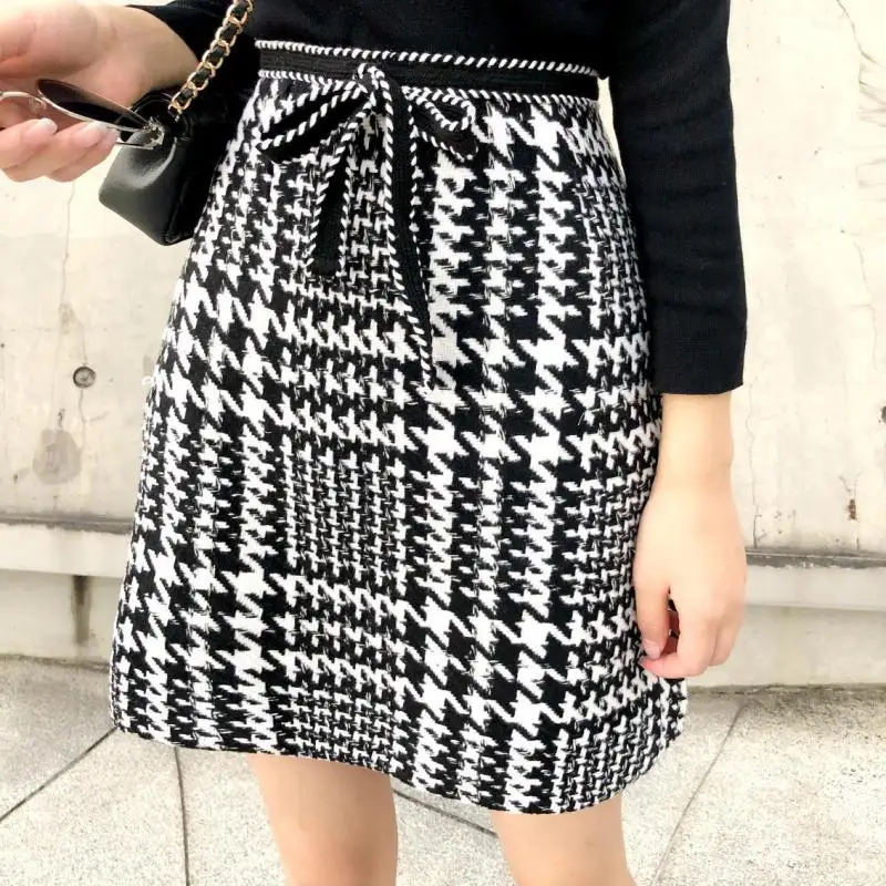 

Elegant Womens Houndstooth A Line Woolen Skirt Retro High Waist Lace-up Streetwear Mini Skirts Saia Faldas Mujer Moda 2019