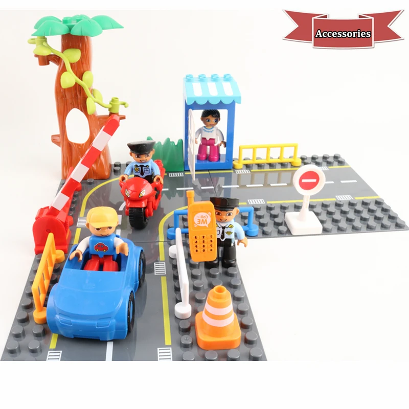 

DIY Duploed Highway Cars Accessories Building Blocks Road Policeman Traffic Parts Bricks Toys For Children Kids Birthday Gifts