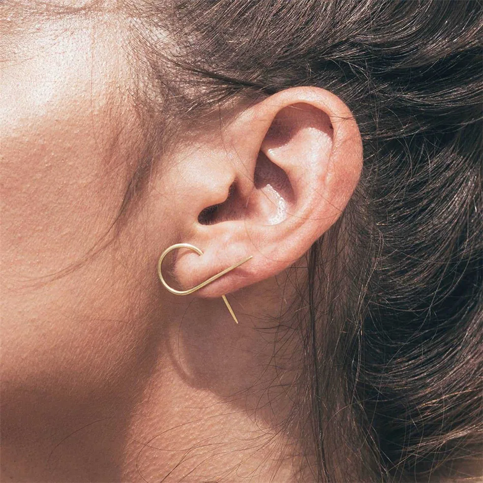 Geometric Irregular Stud Earrings Simple Minimal Fish Thin Ear Line Bar Pull Through Curved Long for Women Girls | Украшения и