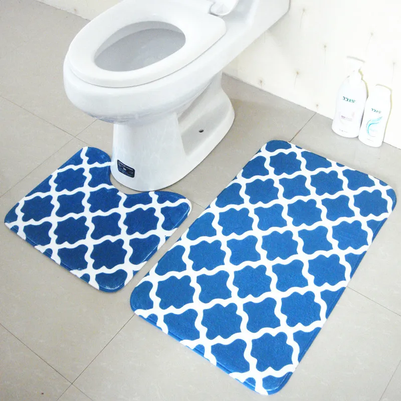 Best New 2PCS Bathroom Mats Set Coral Fleece Rug Kit Toilet Pattern Bath Non slip Floor Carpet Mattress for Bathroom Decor