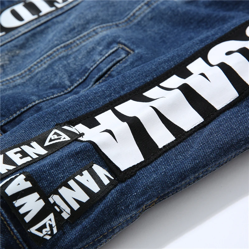Мужской моды Slim Fit для мужчин отверстия уличная мотоцикл Повседневная джинсовая куртка пальто хип хоп с принтом букв рваные джинсовые куртки
