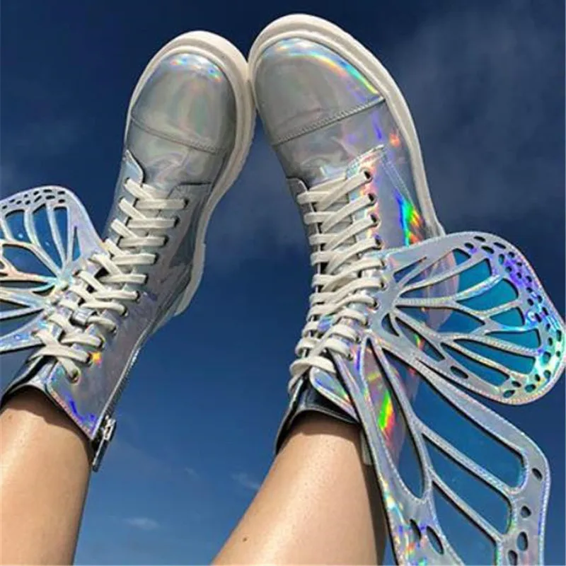 Prova Perfetto; коллекция года; женские кроссовки с крыльями бабочки; женская обувь на платформе со шнуровкой; блестящие высокие повседневные резиновые ботинки на плоской подошве; Botas Mujer