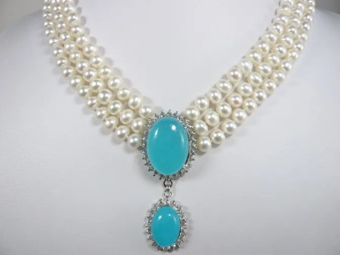 

women Fashion Jewelry gift ! Wholesales -Jewelry Christmas Beautiful 3 rows White pearl & blue stone pendant necklace