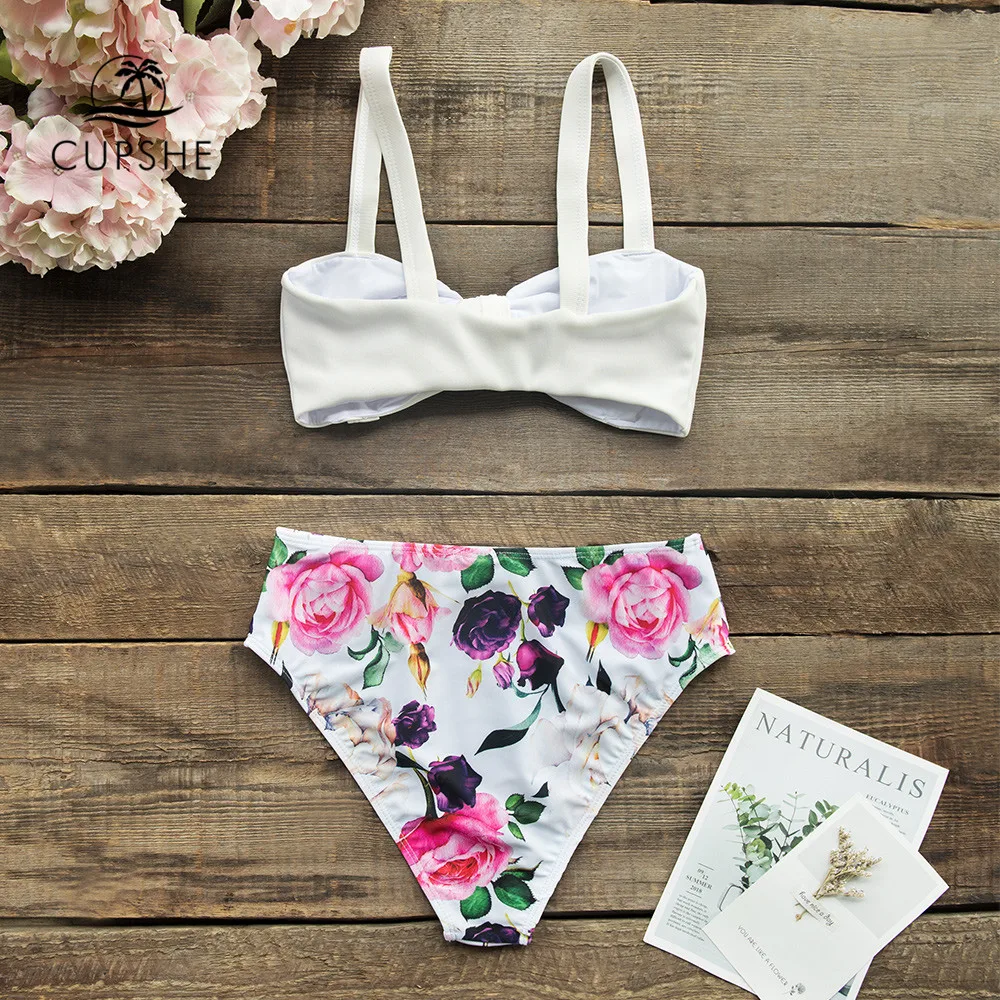 Online CUPSHE Solide Weiß Und Floral Front Knoten High Taille Bikini Sets Badeanzug Zwei Stück Bademode Frauen 2020 Strand badeanzüge
