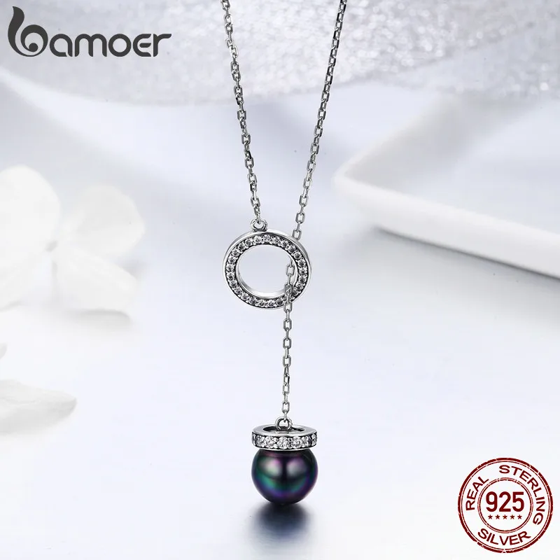 BAMOER 100% 925 Sterling Silver Circle Black Imitation Pearl Elegant Long Chain Women Pendant Necklace Silver Jewelry SCN200