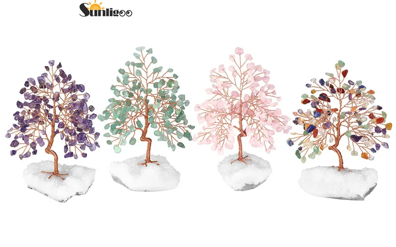 Sunligoo 1pc Natural Stone Feng Shui Bonsai Money Tree on Clear Quartz Cluster Base for Protection Healing Home Decor 5.51-6.29"