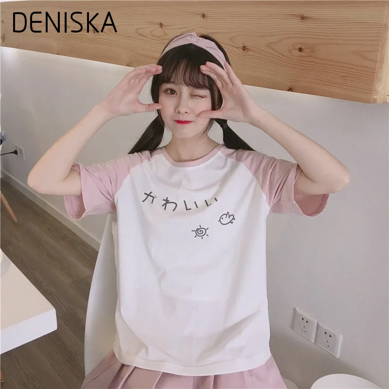 Дениска японский Harajuku милые футболка с буквенным принтом Для женщин 2018 летние