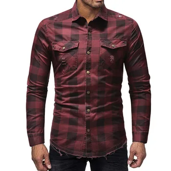 

2019 New Fashion Men's Wear Plaid Denim Shirt Classic Hole Casual Hem Chemise