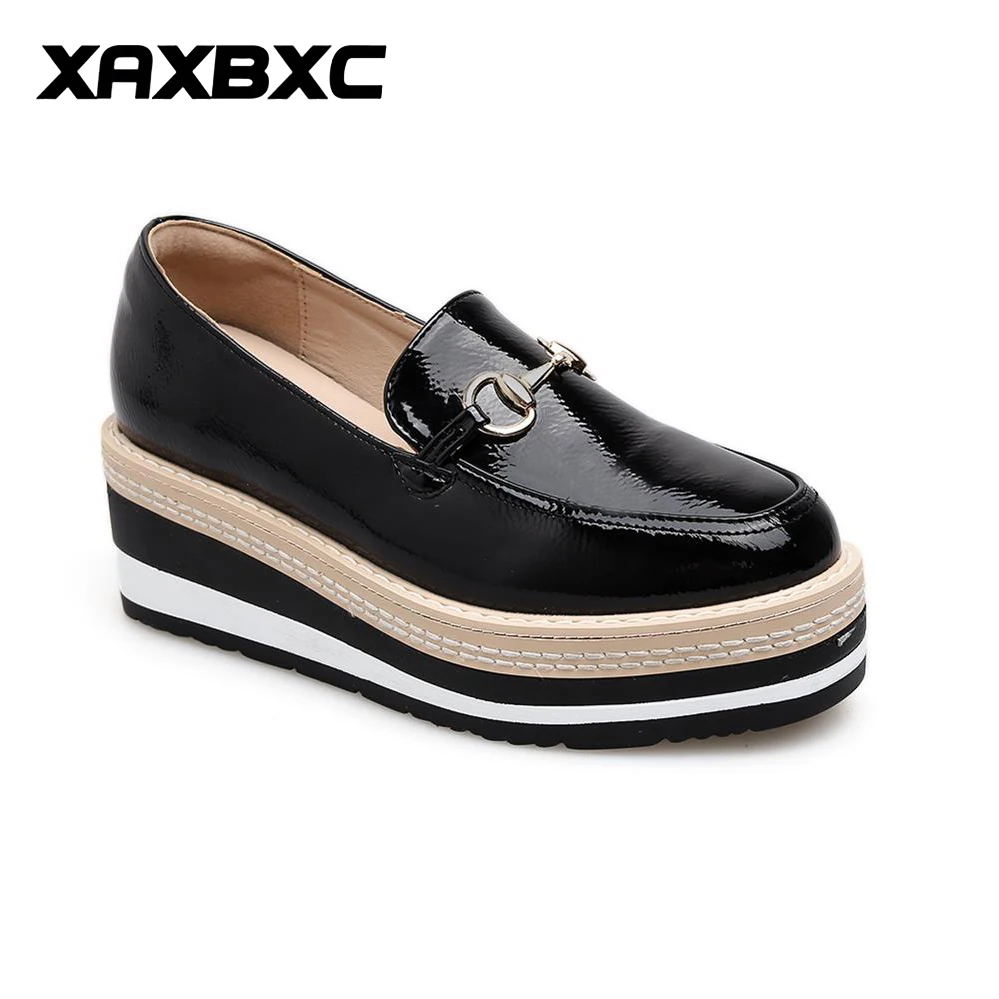 

2019 New Spring Autumn Leather High Heels Pumps Platform Wedges Round Toe Women Casual Ladies Mujer Femme Shoes
